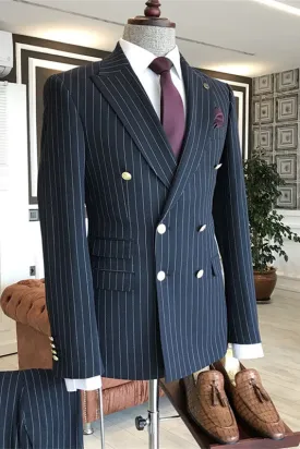 Geoff Navy Blue Striped Double Breasted Peaked Lapel Business Suit