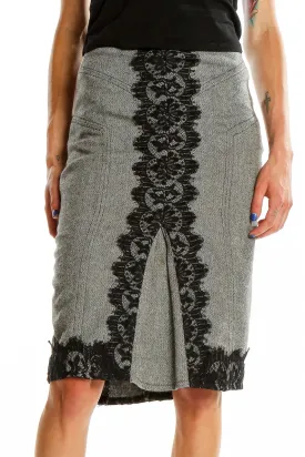 Gray Lace-Trimmed Pencil Skirt