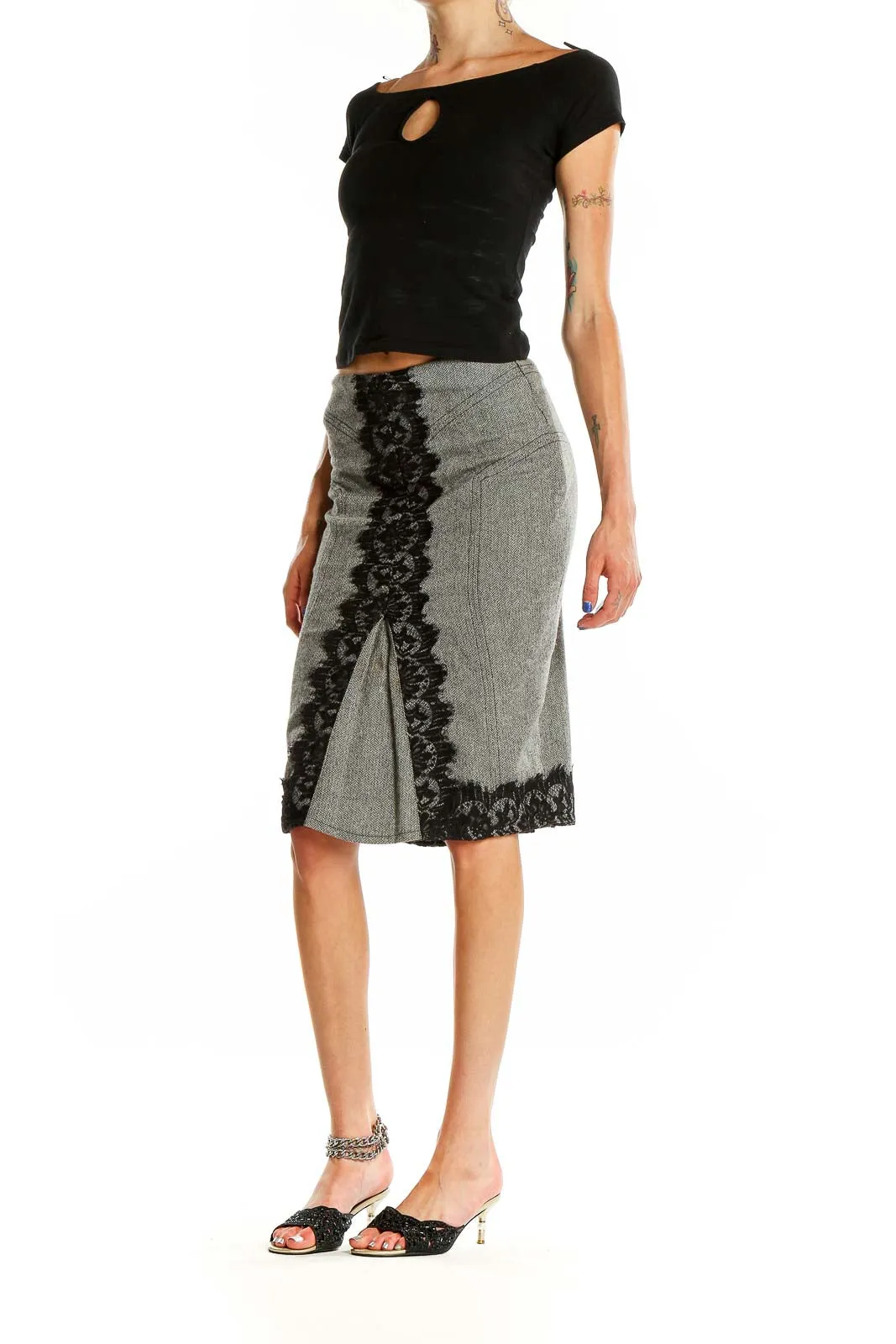 Gray Lace-Trimmed Pencil Skirt