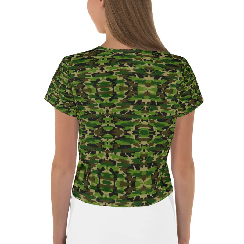 Green Camo Crop Tee, Army Military Camouflage Amy Print Crop T-Shirt-Made in USA/EU