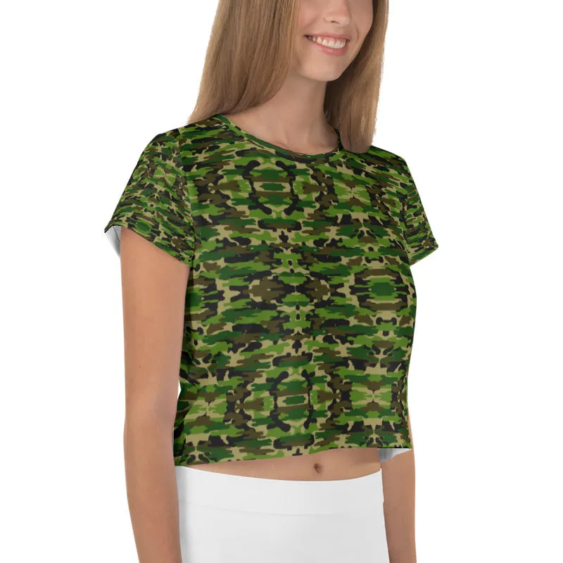 Green Camo Crop Tee, Army Military Camouflage Amy Print Crop T-Shirt-Made in USA/EU