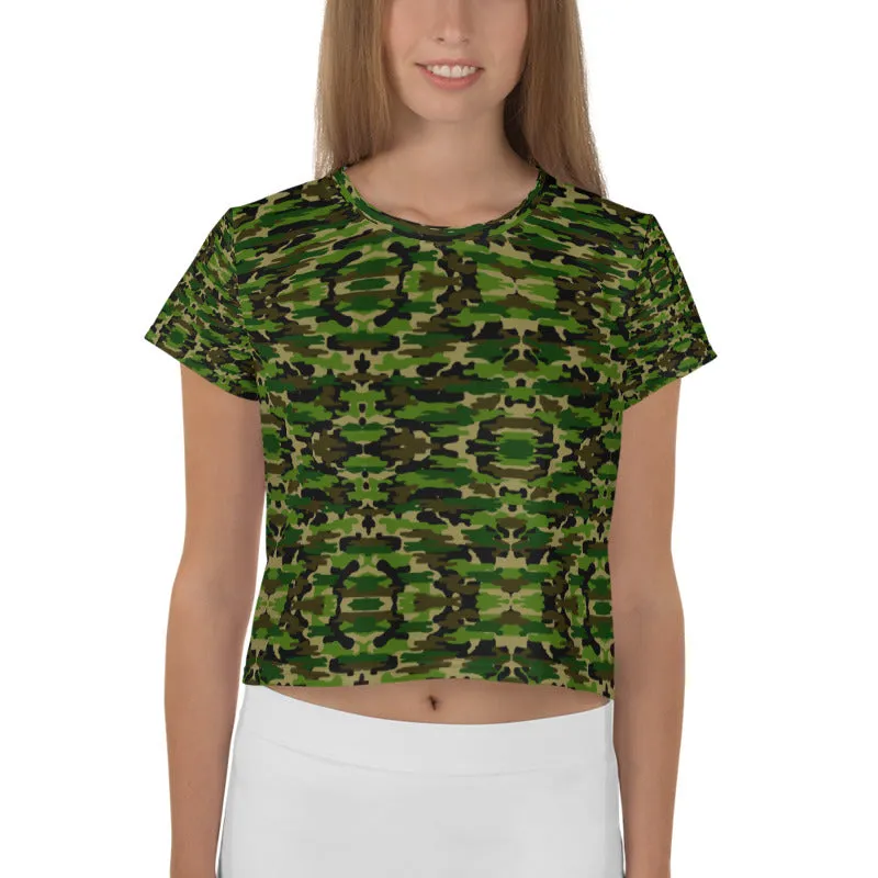 Green Camo Crop Tee, Army Military Camouflage Amy Print Crop T-Shirt-Made in USA/EU