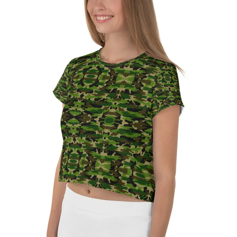 Green Camo Crop Tee, Army Military Camouflage Amy Print Crop T-Shirt-Made in USA/EU