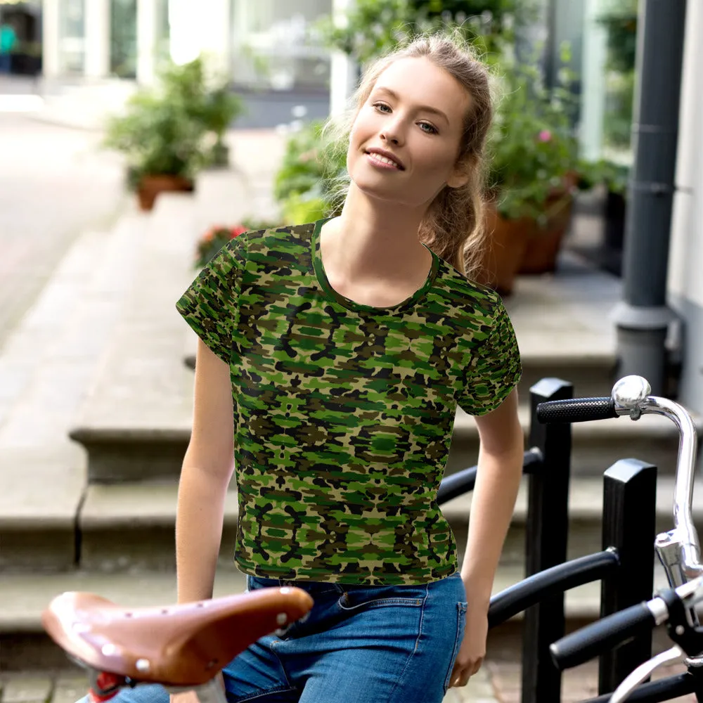 Green Camo Crop Tee, Army Military Camouflage Amy Print Crop T-Shirt-Made in USA/EU