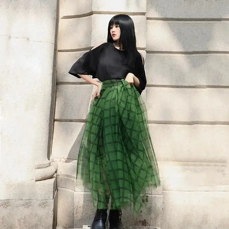 Green Plaid Asymmetric Elastic Waist Mid-calf Skirt