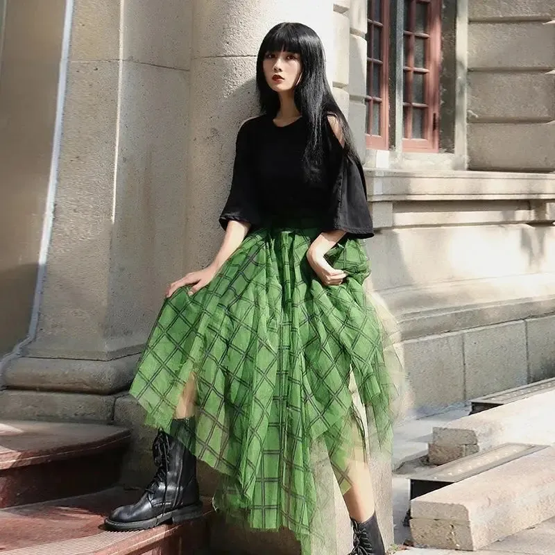 Green Plaid Asymmetric Elastic Waist Mid-calf Skirt