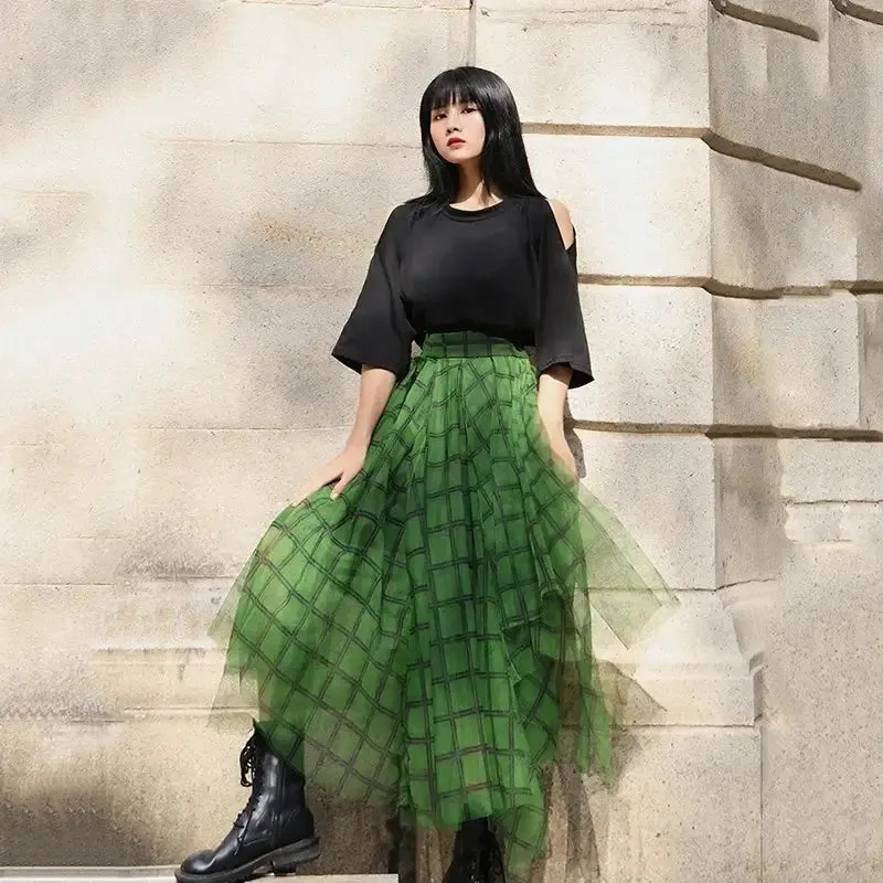 Green Plaid Asymmetric Elastic Waist Mid-calf Skirt