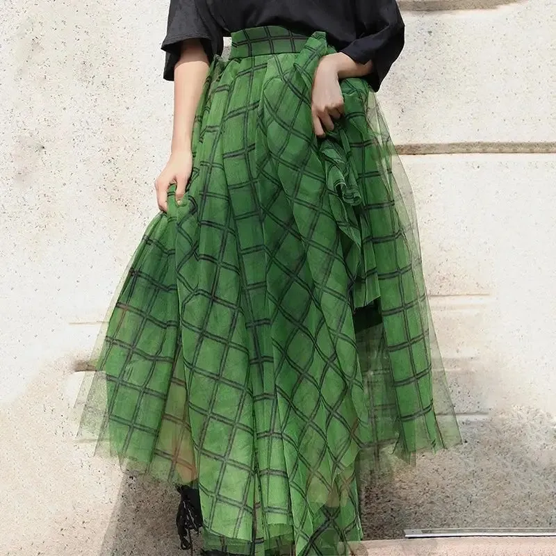 Green Plaid Asymmetric Elastic Waist Mid-calf Skirt