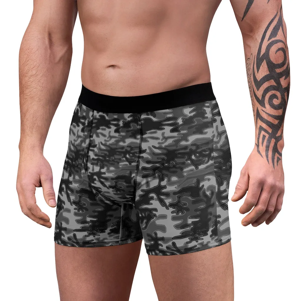 Grey Camo Men's Boxer Briefs, Camouflage Military Army Print Sexy Best Underwear For Men