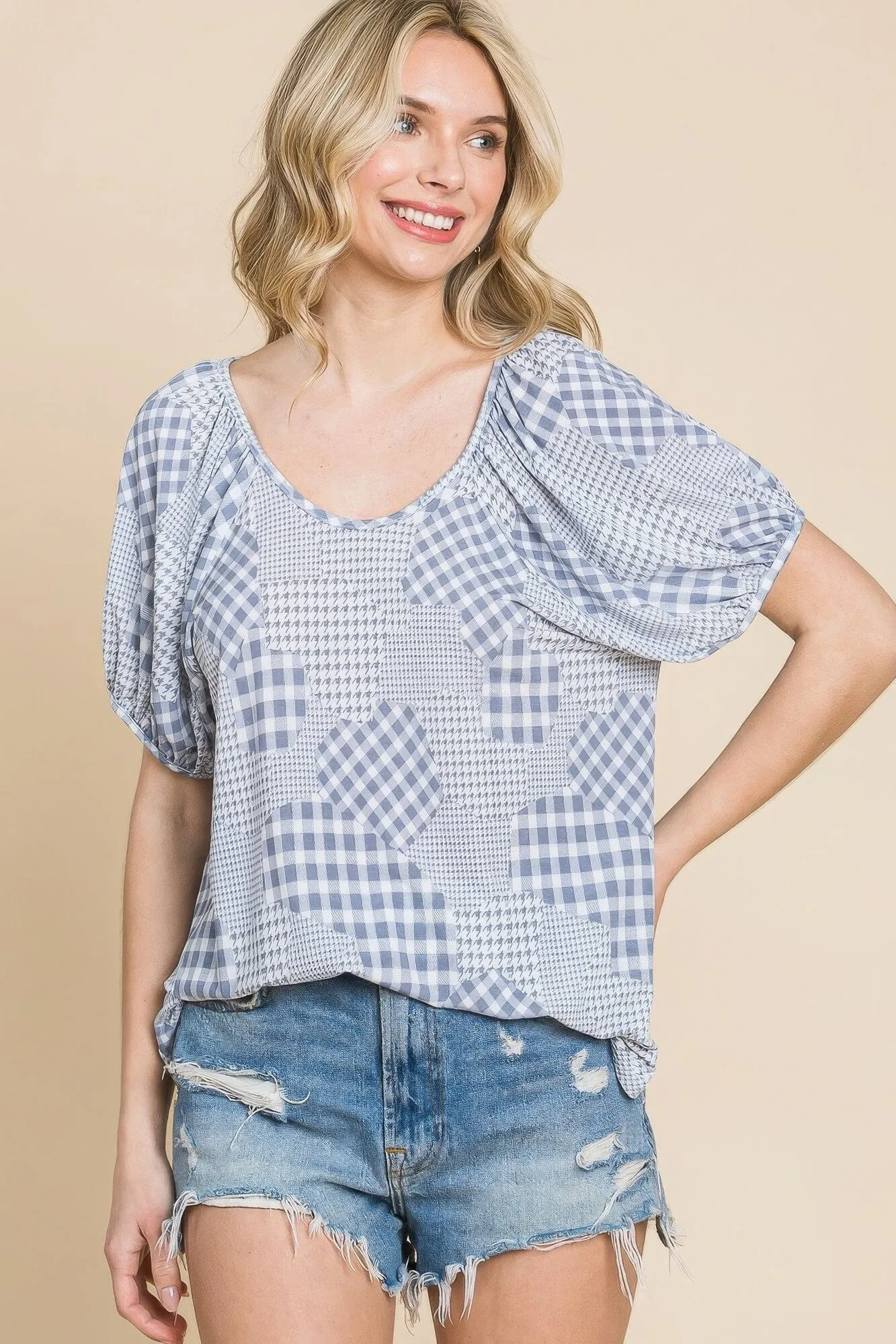 Grey Check Plaid Short Bubble Sleeves Round Neck Top_