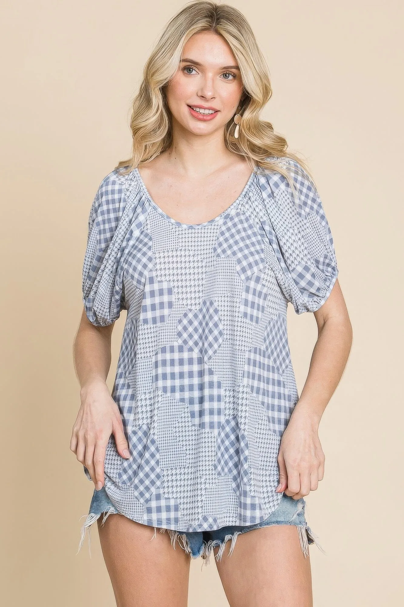 Grey Check Plaid Short Bubble Sleeves Round Neck Top_