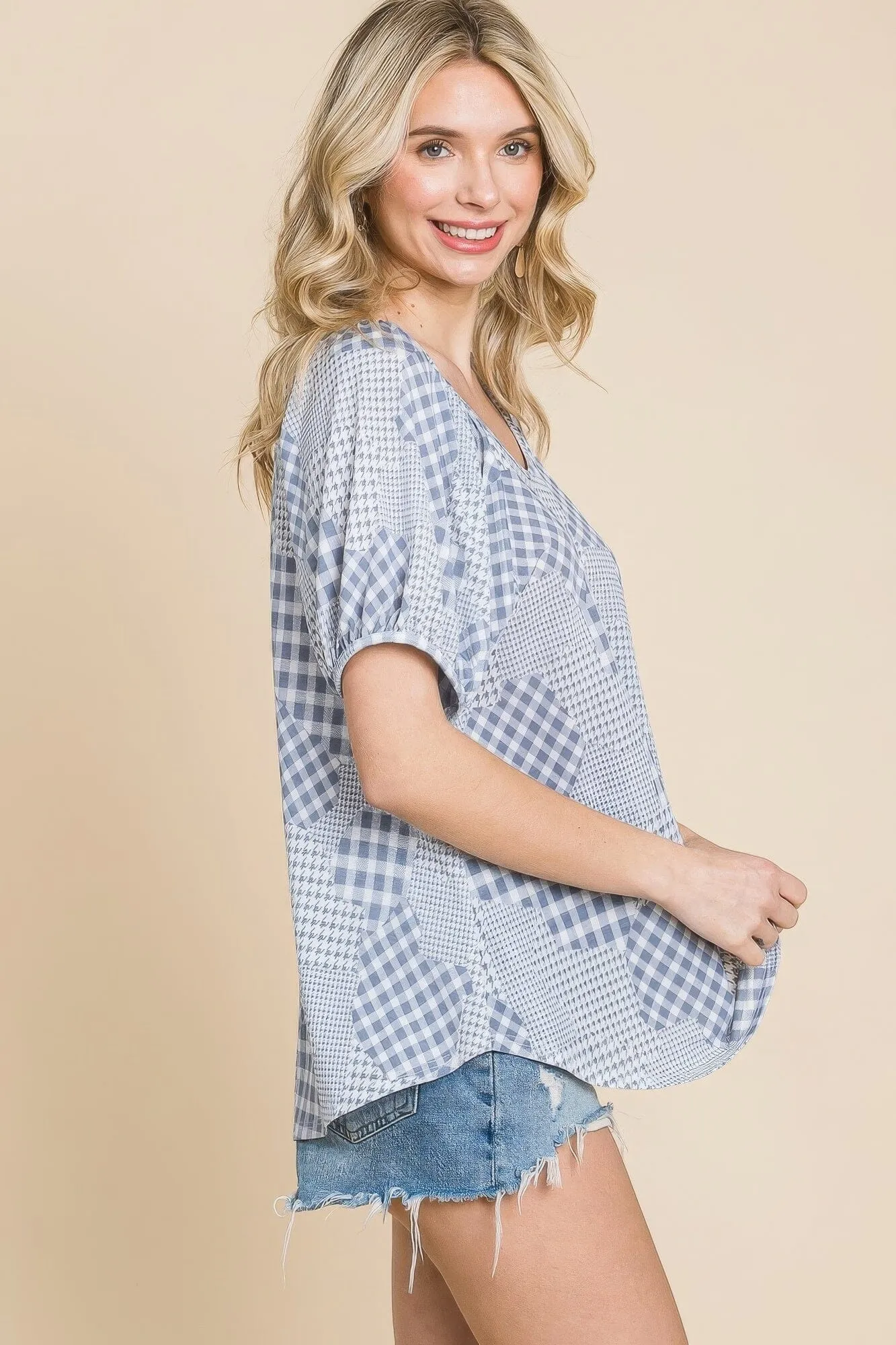 Grey Check Plaid Short Bubble Sleeves Round Neck Top_