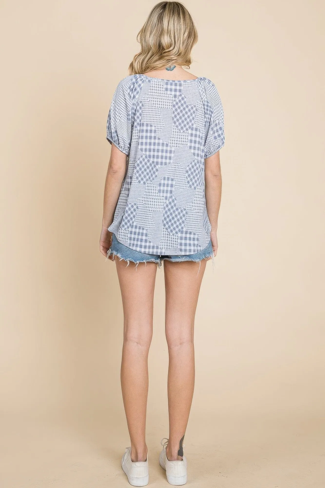 Grey Check Plaid Short Bubble Sleeves Round Neck Top_