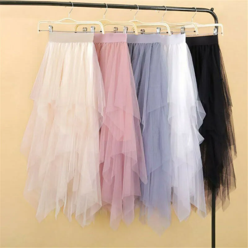 High Waist Irregular Pleat Tulle Skirt