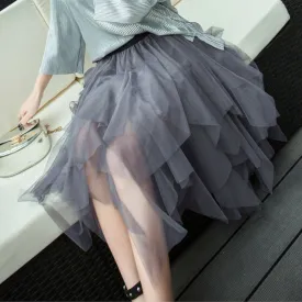 High Waist Irregular Pleat Tulle Skirt