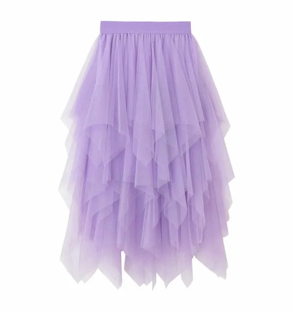 High Waist Irregular Pleat Tulle Skirt