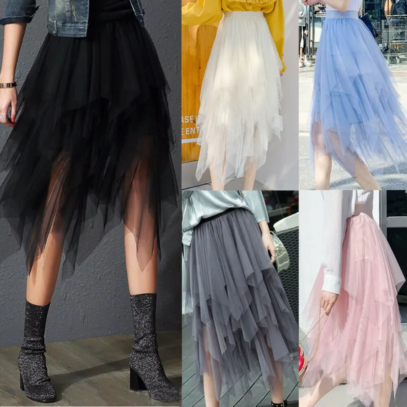 High Waist Irregular Pleat Tulle Skirt