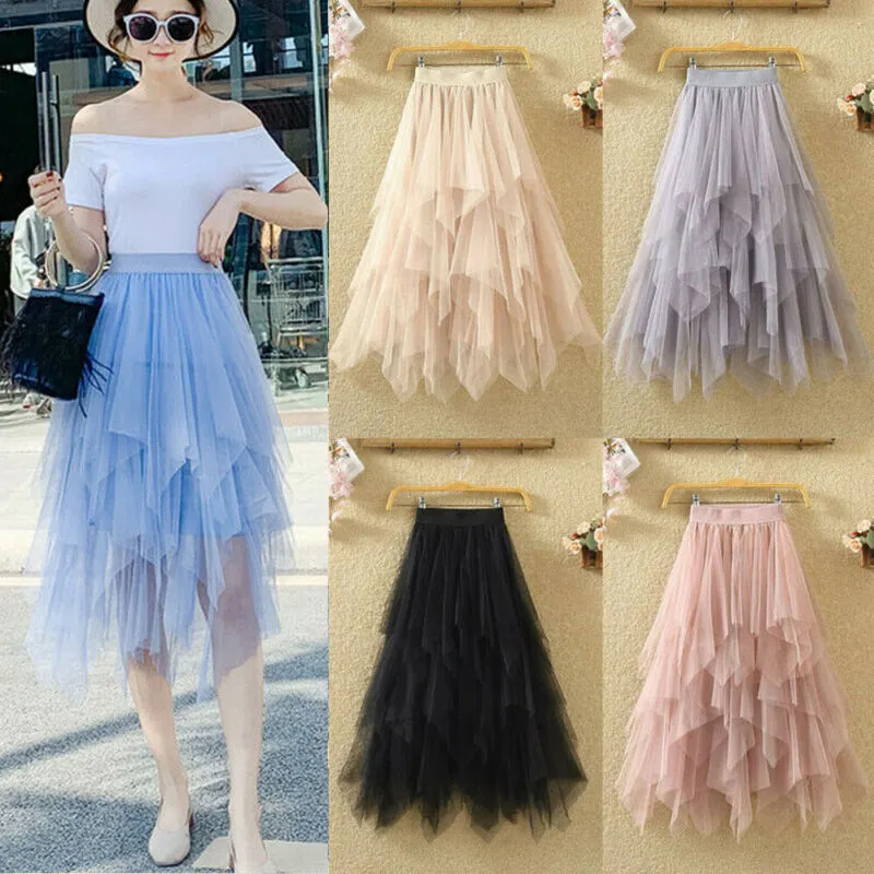 High Waist Irregular Pleat Tulle Skirt