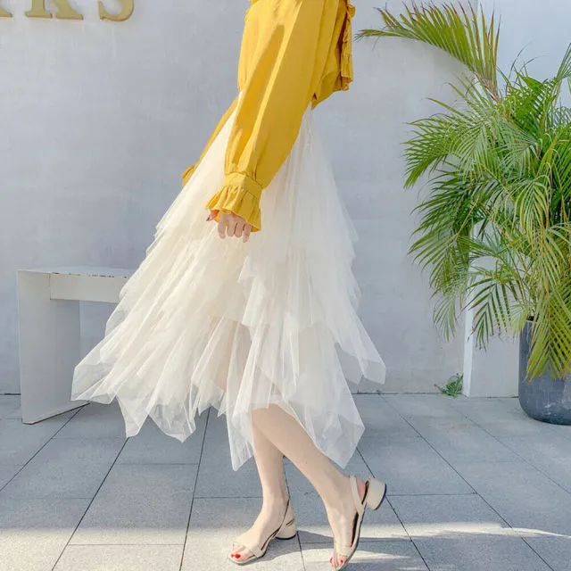 High Waist Irregular Pleat Tulle Skirt