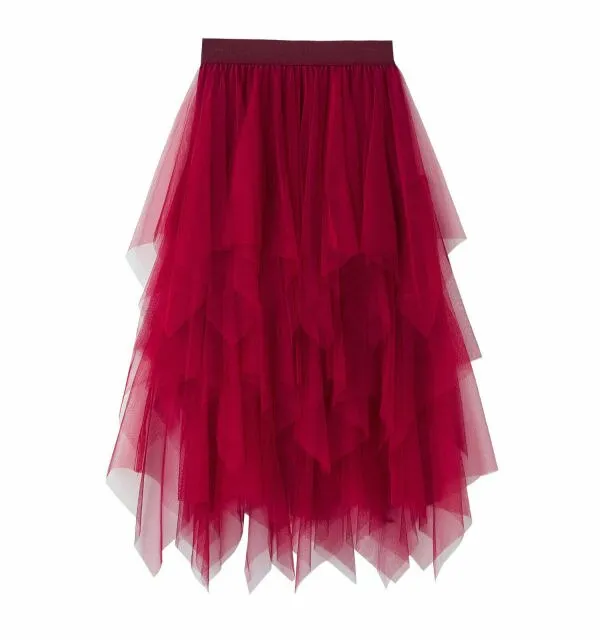 High Waist Irregular Pleat Tulle Skirt