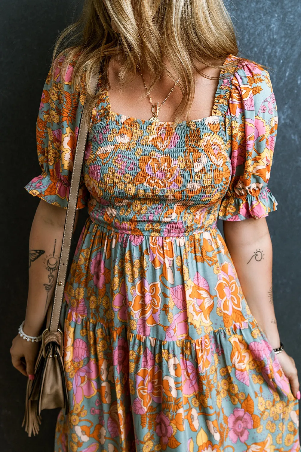 High Waist Puff Sleeve Floral Dresses