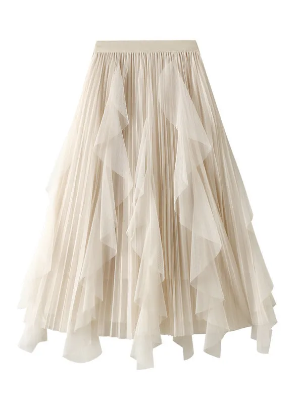 High Waist Ruffle Stitching Gauze Skirt