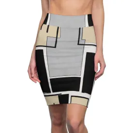 High Waist Womens Pencil Skirt - Contour Stretch - Abstract Black Grey Brown Geometric Contemporary Art Shapes