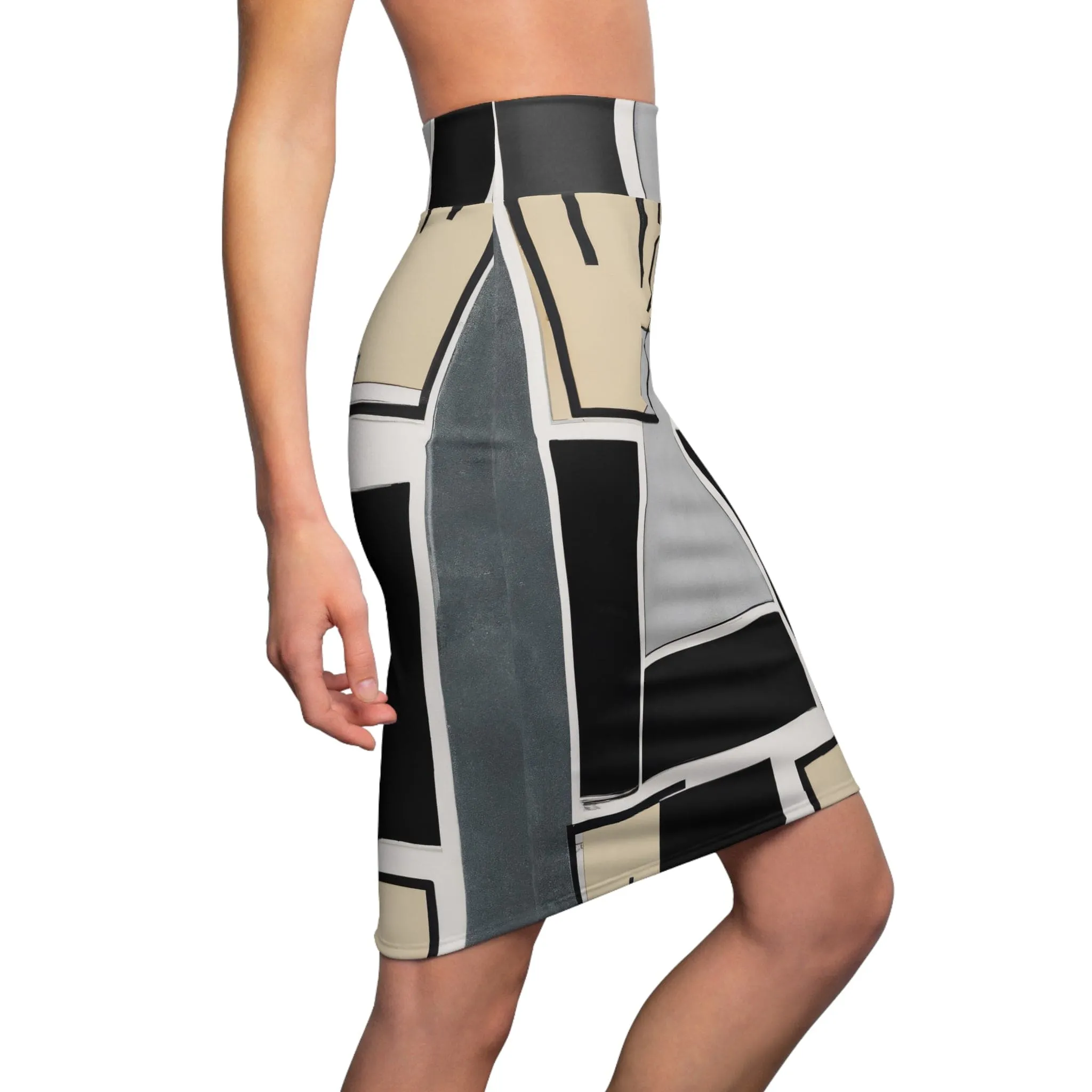 High Waist Womens Pencil Skirt - Contour Stretch - Abstract Black Grey Brown Geometric Contemporary Art Shapes