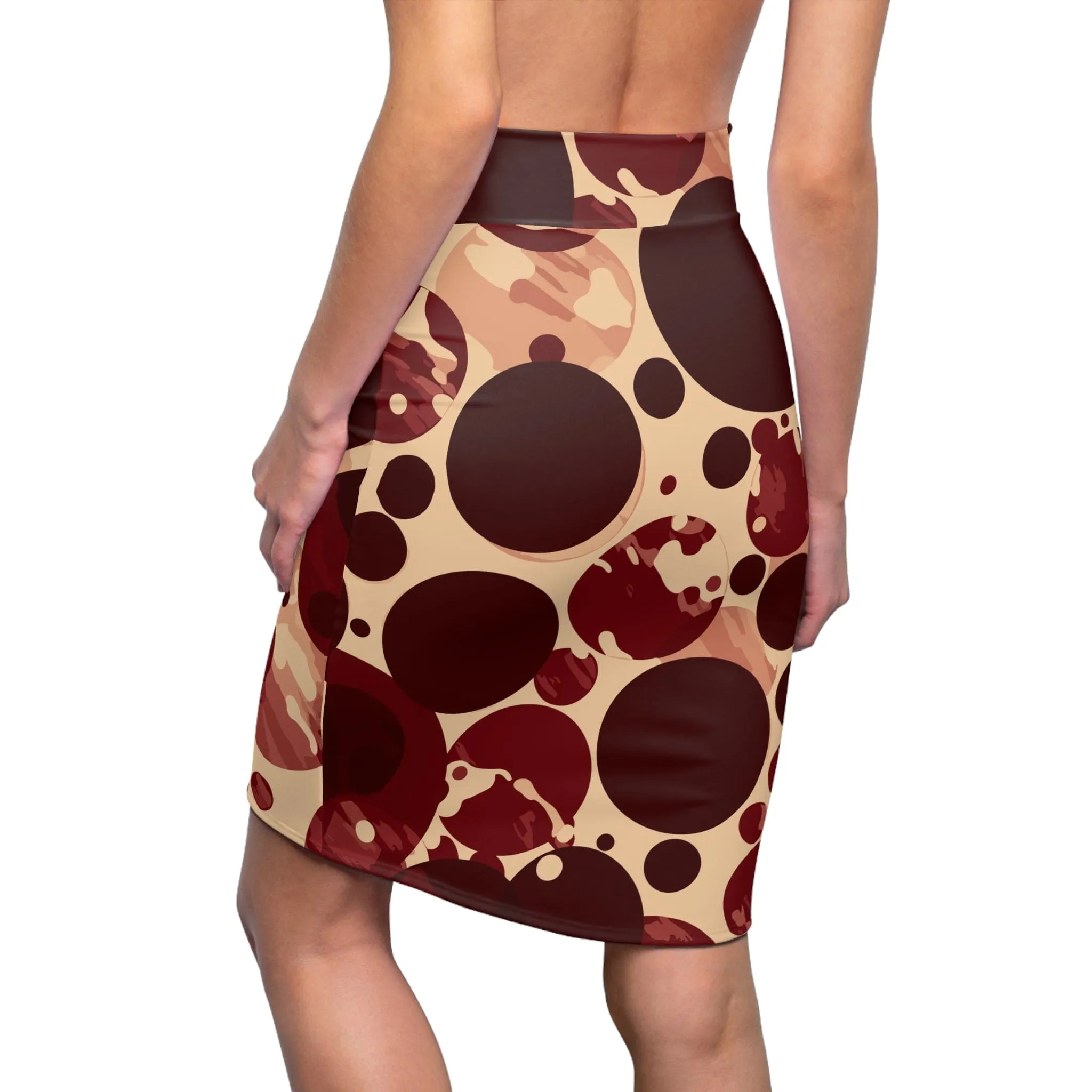 High Waist Womens Pencil Skirt - Contour Stretch - Burgundy and Beige Circular Spotted Illustration