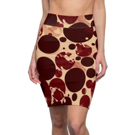 High Waist Womens Pencil Skirt - Contour Stretch - Burgundy and Beige Circular Spotted Illustration