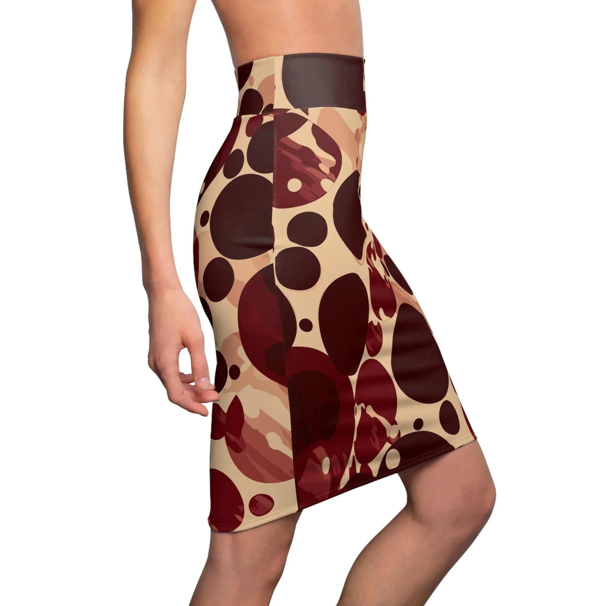 High Waist Womens Pencil Skirt - Contour Stretch - Burgundy and Beige Circular Spotted Illustration