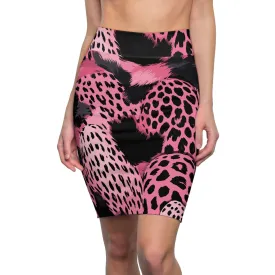 High Waist Womens Pencil Skirt - Contour Stretch - Pink and Black Leopard Spots Illustration