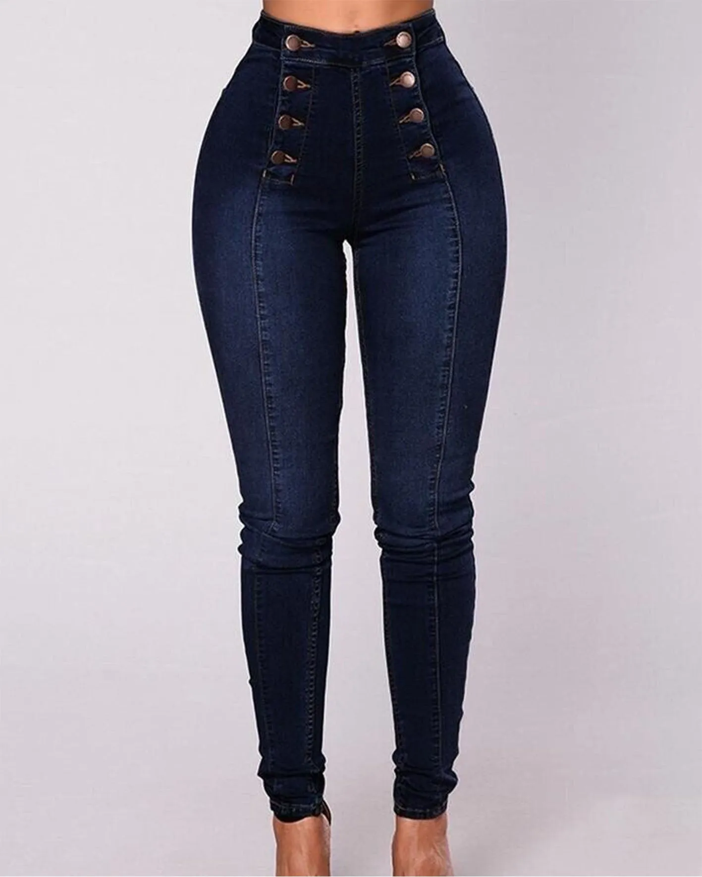 High-Waisted Casual Two-Row Stretch Jeans With Multiple Buttons