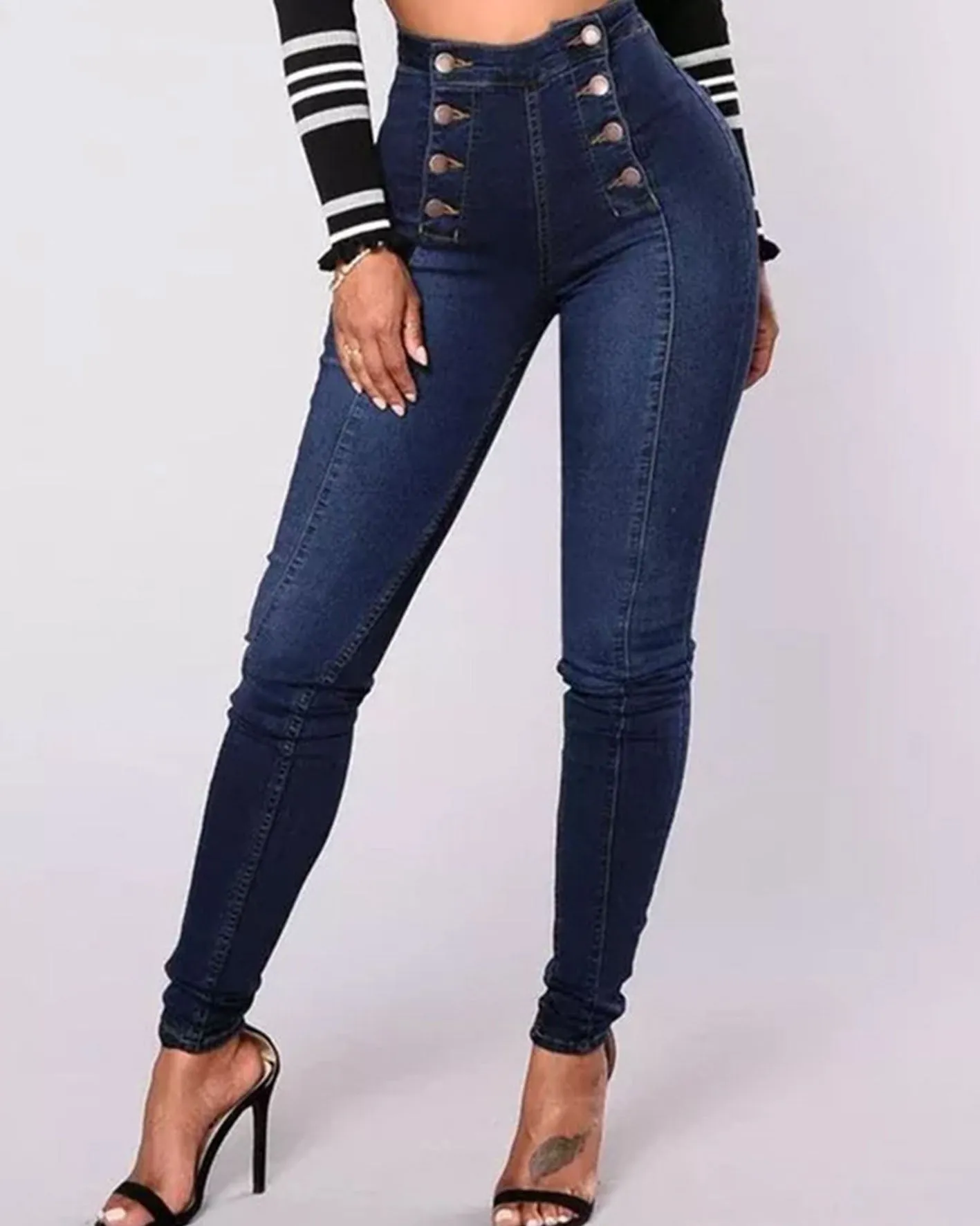 High-Waisted Casual Two-Row Stretch Jeans With Multiple Buttons