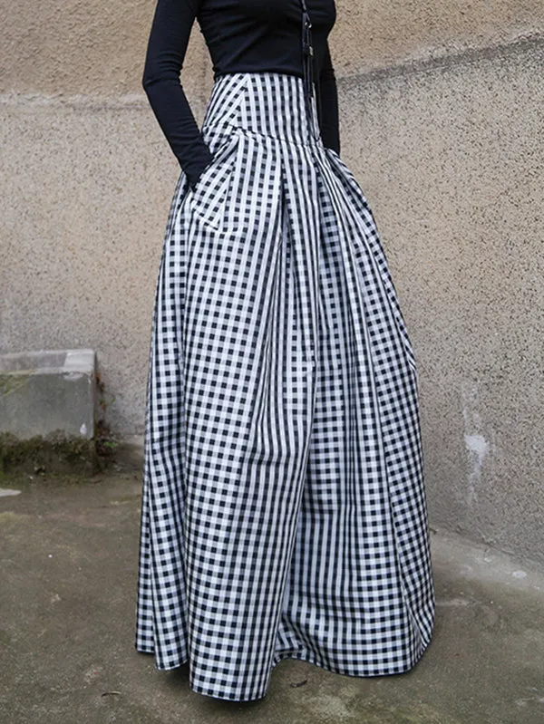 High Waisted Loose Plaid Pleated Skirts