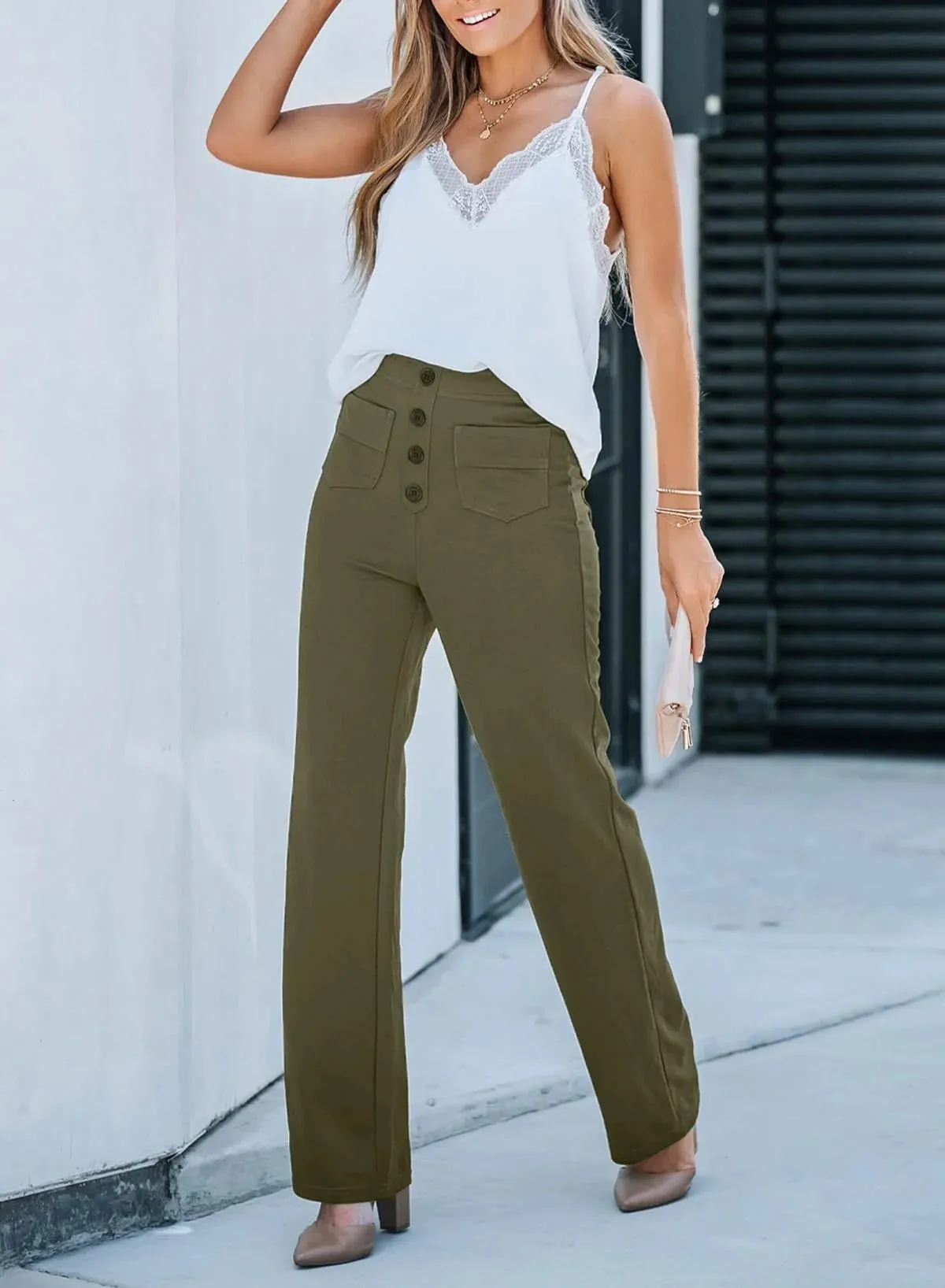 High-Waisted Wide-Leg Buttoned Pants – Casual and Comfortable