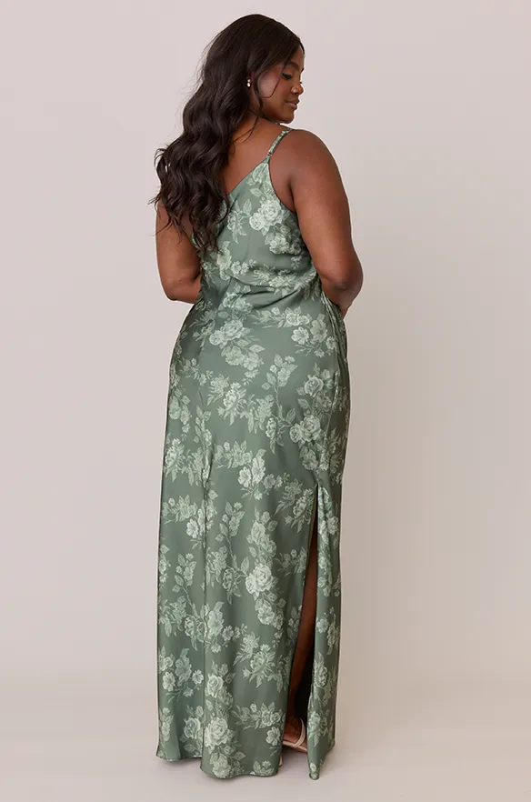 Jade Satin Floral Print Dress | Made To Order