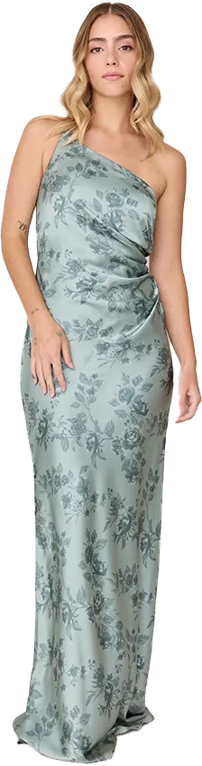 Jade Satin Floral Print Dress | Made To Order