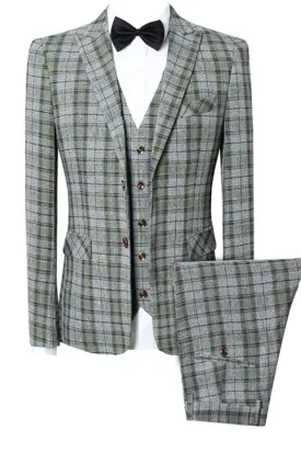 Joshua Green Plaid Bespoke Three-Piece Peaked Lapel Business Suit