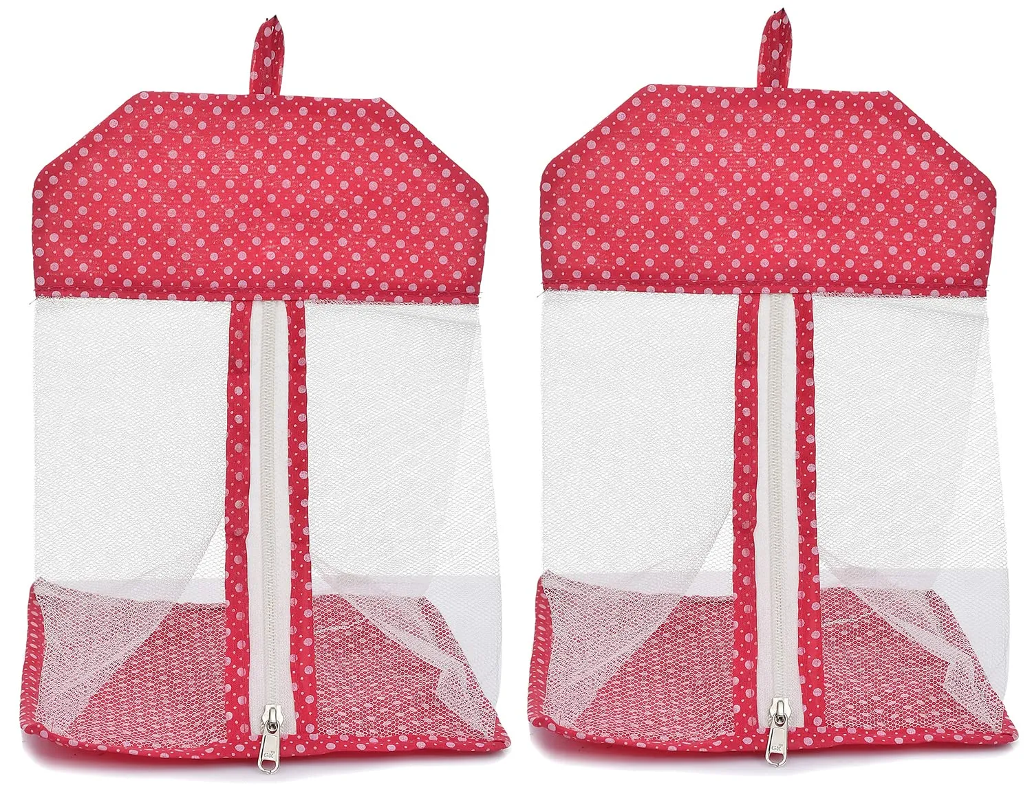 Kuber Industries Dot Printed Cotton Hanging Mesh Clothes Bag, Organizer For Store Socks, Underwear, Clothespins,Gadget,Cosmetic,Garlic,Onion With Zipper & Hanging Loop- Pack of 2 (Pink)