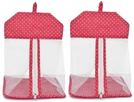 Kuber Industries Dot Printed Cotton Hanging Mesh Clothes Bag, Organizer For Store Socks, Underwear, Clothespins,Gadget,Cosmetic,Garlic,Onion With Zipper & Hanging Loop- Pack of 2 (Pink)