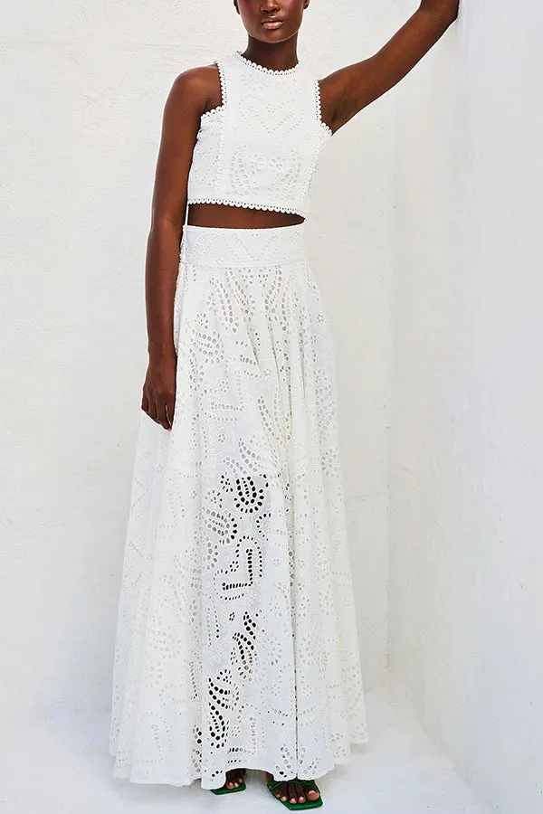 Lace Hollow Vest High Waist Maxi Skirt Suit