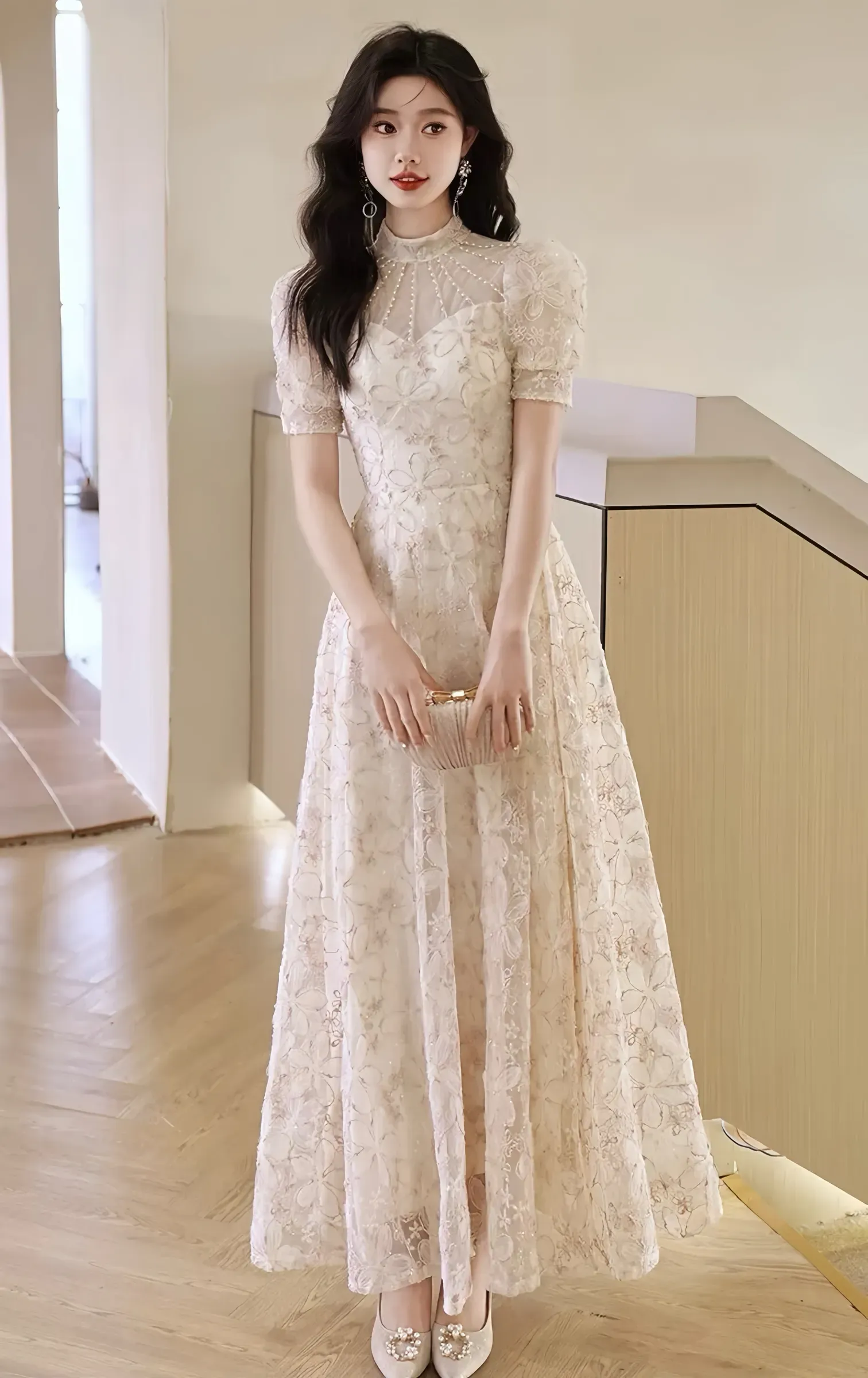 Lace Long Dress Women's Princess Sleeved Square Neck Elegant Evening Dresses      S5440