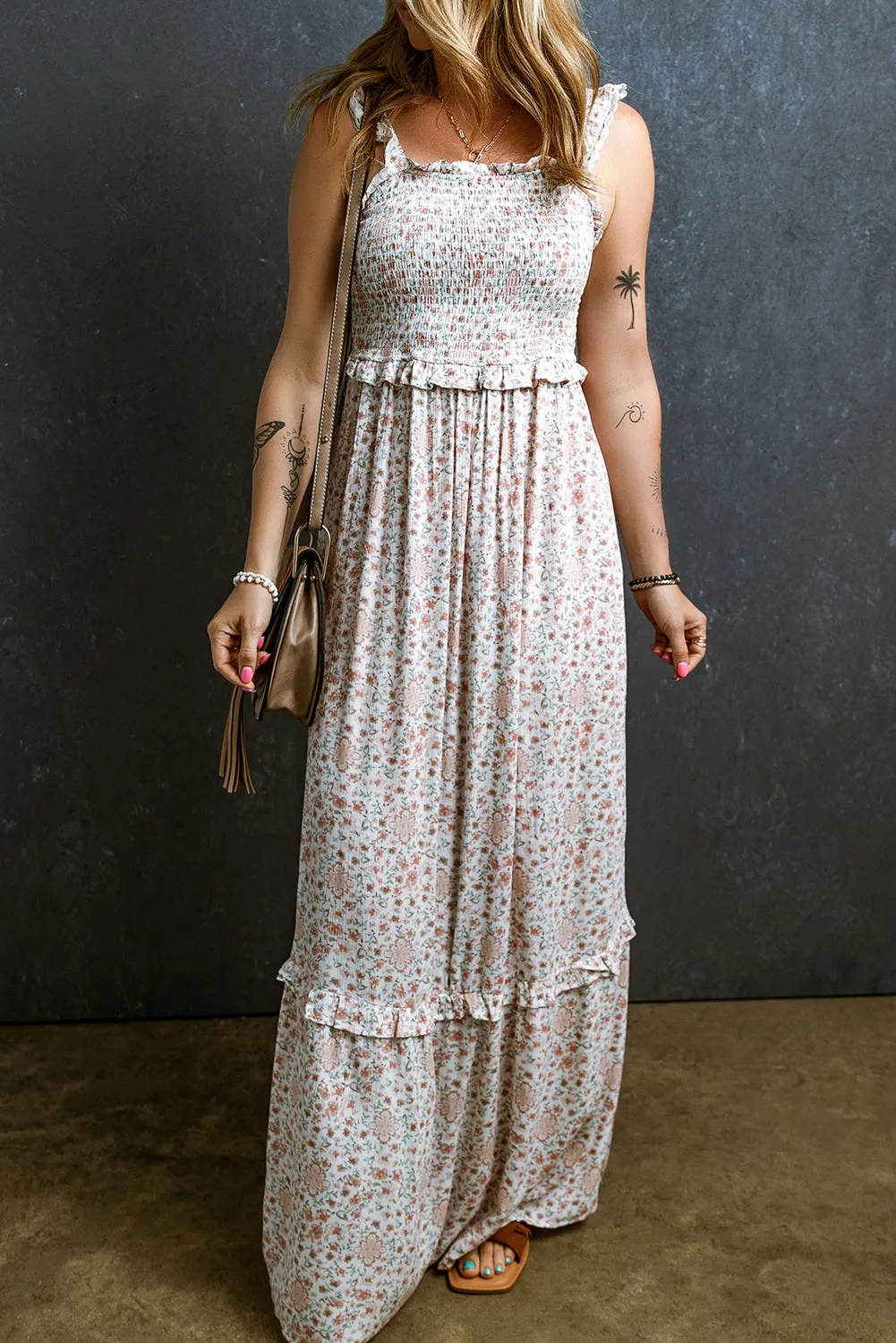 Lace Straps Shirred Floral Maxi Dress