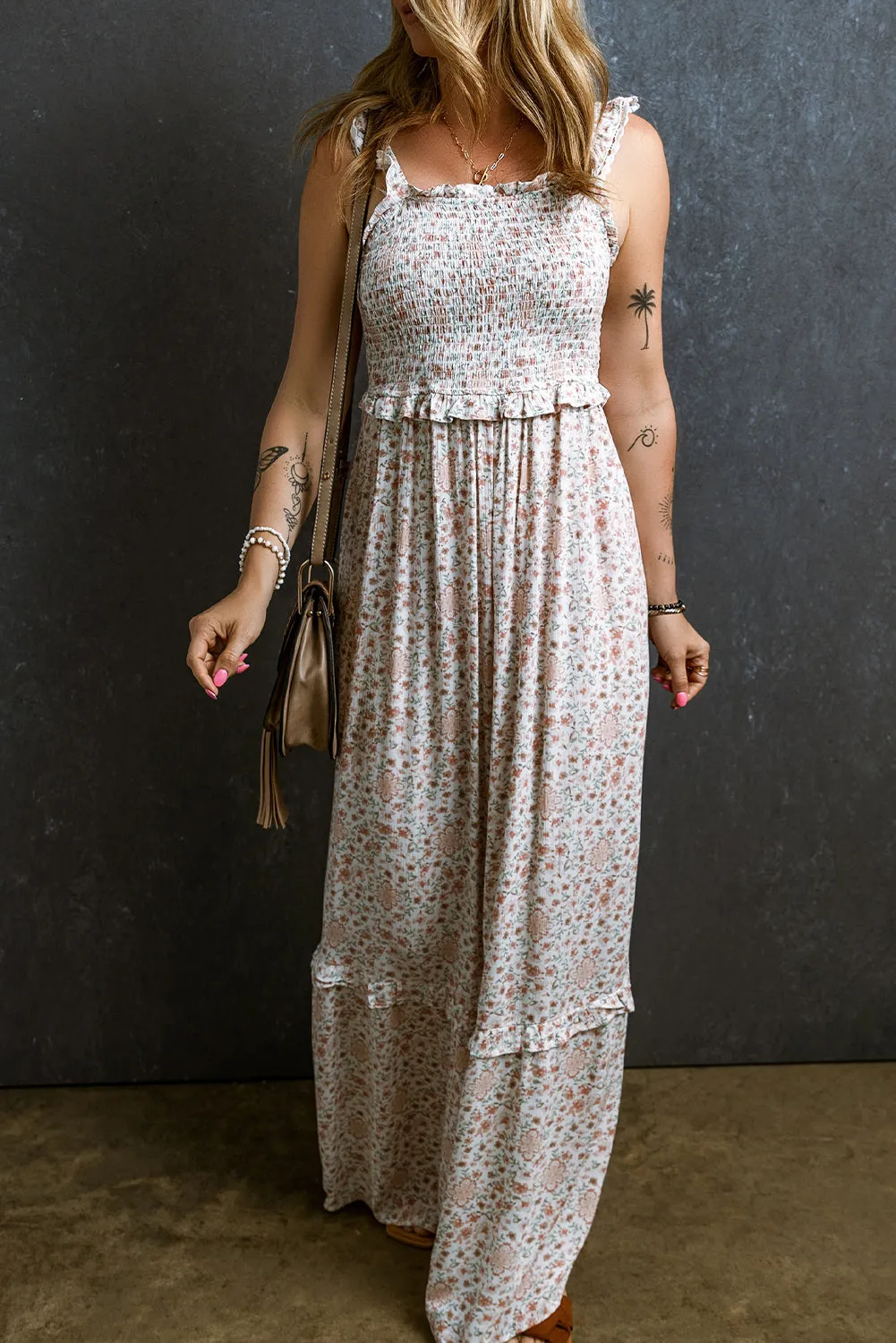 Lace Straps Shirred Floral Maxi Dress