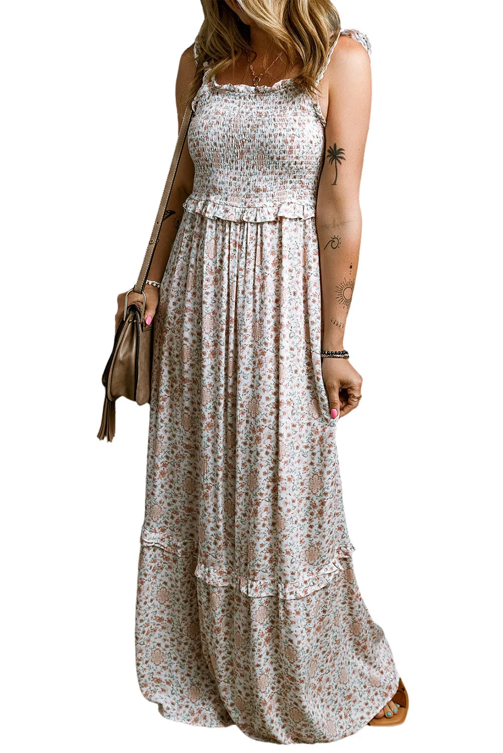 Lace Straps Shirred Floral Maxi Dress