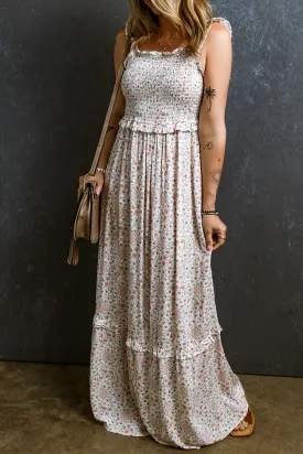 Lace Straps Shirred Floral Maxi Dress