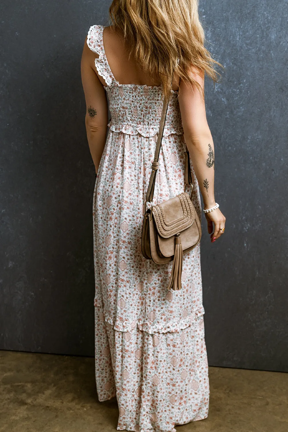 Lace Straps Shirred Floral Maxi Dress