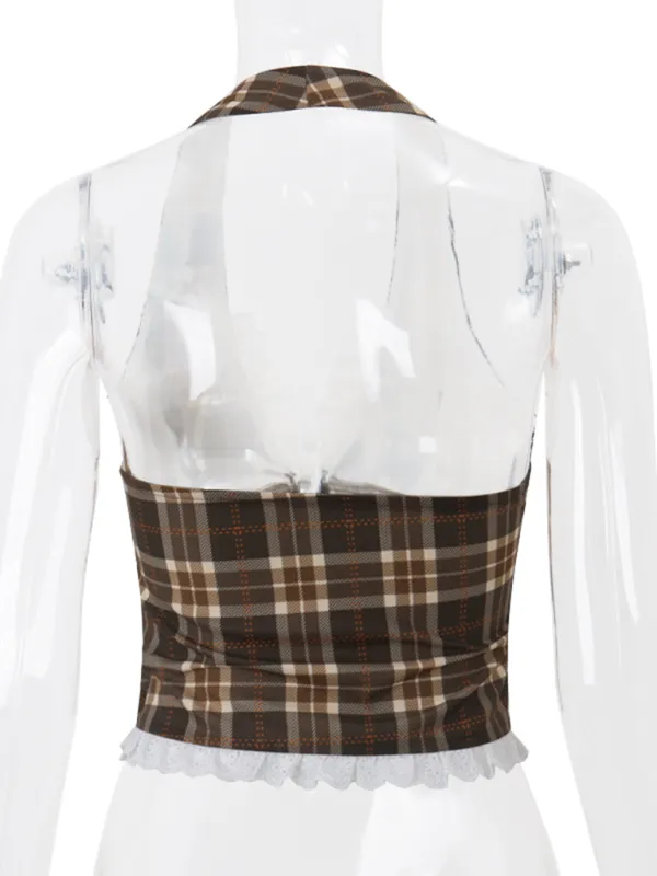 Lace-Trimmed Plaid Halter Top for Women