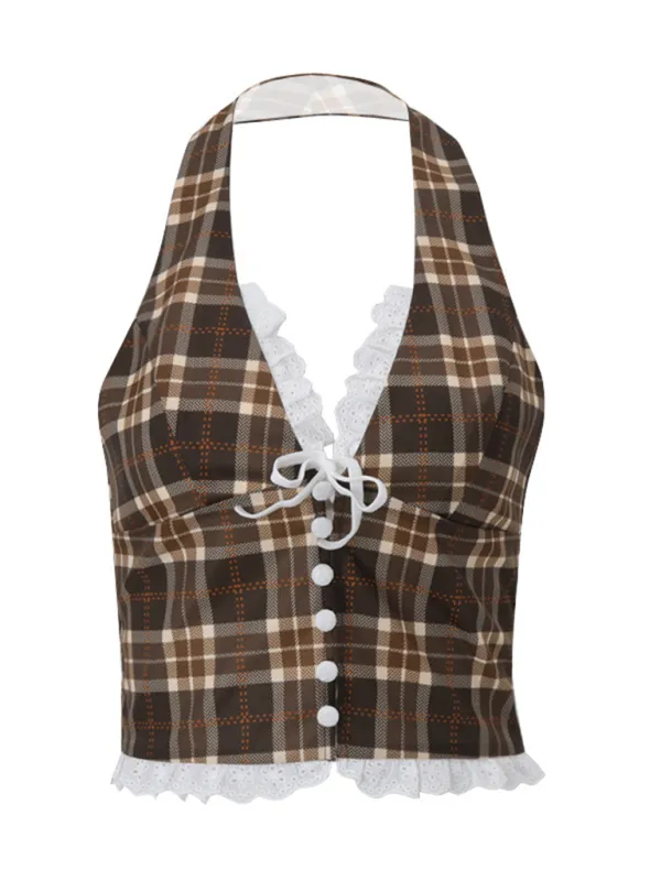 Lace-Trimmed Plaid Halter Top for Women